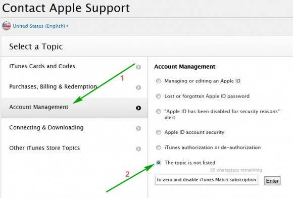 Прокрутити до самого низу сторінки, яка відкриється в браузері, і натискаємо на Contact Support в меню зліва, а потім на Contact iTunes Store support справа
