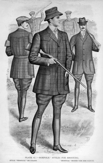 Іншою моделлю, популярної серед аристократів на початку XX століття, був твідовий піджак, скроєний спеціально для верхової їзди - hacking jacket (докладніше про нього читайте   тут   )